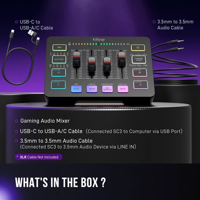 Alt view image 9 of 9 - FIFINE SC3 Gaming Audio Mixer with XLR Cable Bundle, Streaming RGB PC Mixer with Microphone Cable, XLR Interface, Volume Faders, Mute Button, Computer Mic for Recording/Podcast/Vocal/Game Voice -Black