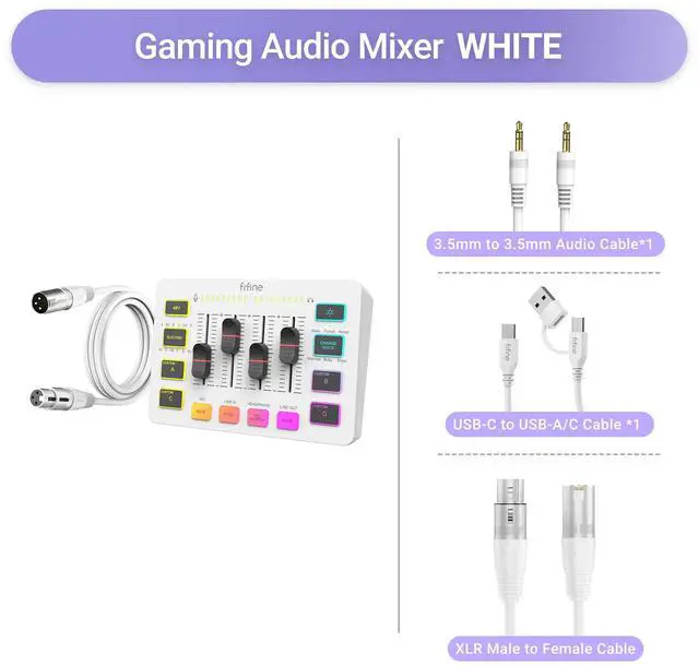 Main image of FIFINE SC3 Gaming Audio Mixer with XLR Cable Bundle, Streaming RGB PC Mixer with Microphone Cable, XLR Interface, Volume Faders, Mute Button, Computer Mic for Recording/Podcast/Vocal/Game Voice
