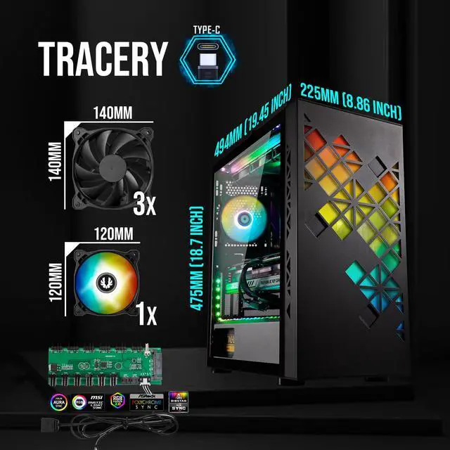Alt view image 2 of 7 - BitFenix Tracery EATX (up to 272mm) PC Gaming Case Black, GPU Length Support 410mm, 1x 120mm ARGB Fan, 3x 140mm Black Fans Pre-Installed, Dual 360mm Radiator Support on Top and Front, USB Type C