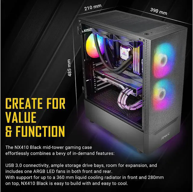 Alt view image 7 of 14 - Antec NX Series NX410, 2 x 140mm & 1 x 120mm ARGB Fans Included, 360mm Radiator Support, Mesh Front Panel & Swing-Open Tempered Glass Side Panel ATX Mid-Tower Gaming Case