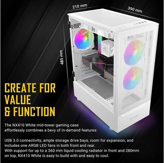 Alt view image 8 of 14 - Antec NX Series NX410 White, 2 x 140mm & 1 x 120mm ARGB Fans Included, 360mm Radiator Support, Mesh Front Panel & Swing-Open Tempered Glass Side Panel ATX Mid-Tower Gaming Case