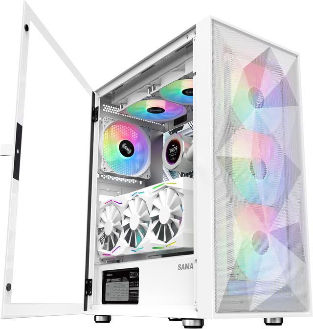 SAMA 3509 White Tempered Glass Open Door Gaming ATX Computer PC Case Mid  Tower Black with 4 Addressable RGB Fans Pre-installed