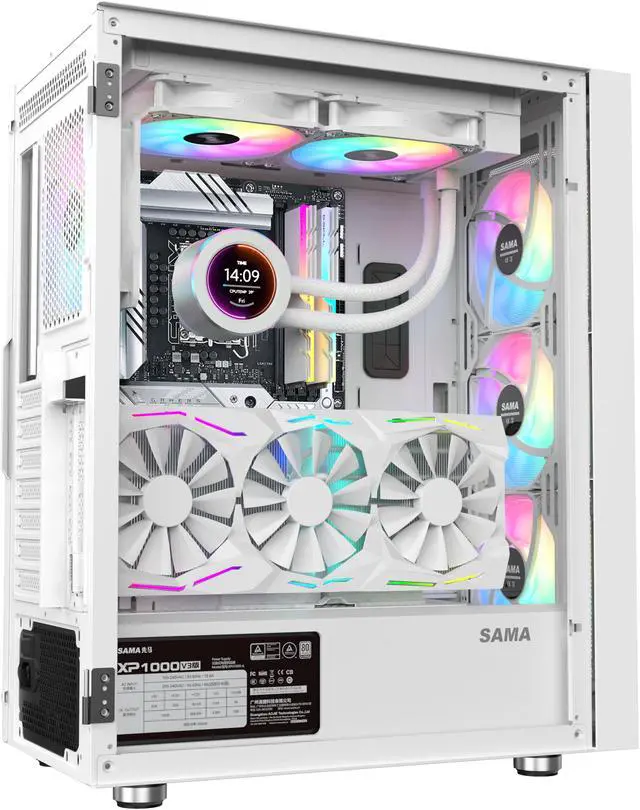 Alt view image 4 of 9 - SAMA 3509 White Tempered Glass Open Door Gaming ATX Computer PC Case Mid Tower Black with 4 Addressable RGB Fans Pre-installed