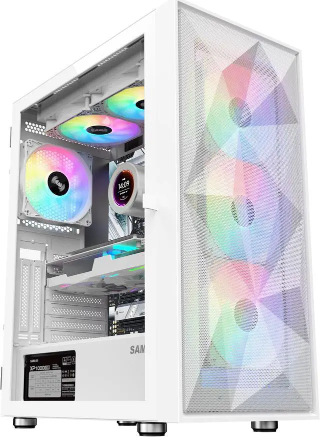Alt view image 5 of 9 - SAMA 3509 White Tempered Glass Open Door Gaming ATX Computer PC Case Mid Tower Black with 4 Addressable RGB Fans Pre-installed