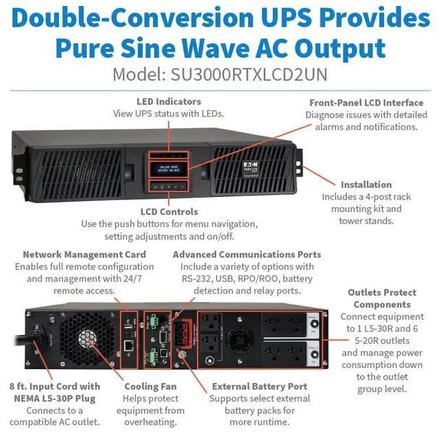 Alt view image 11 of 11 - Tripp Lite series SmartOnline 3000VA 2700W 120V Double-Conversion UPS - 7 Outlets, Extended Run, Network Card Included, LCD, USB, DB9, 2U Rack/Tower