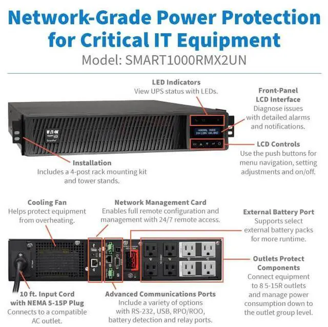Alt view image 11 of 10 - Tripp Lite series SmartPro 1000VA 1000W 120V Line-Interactive Sine Wave UPS - 8 Outlets, Extended Run, Network Card Included, LCD, USB, DB9, 2U Rack/Tower (SMART1000RMX2UN)