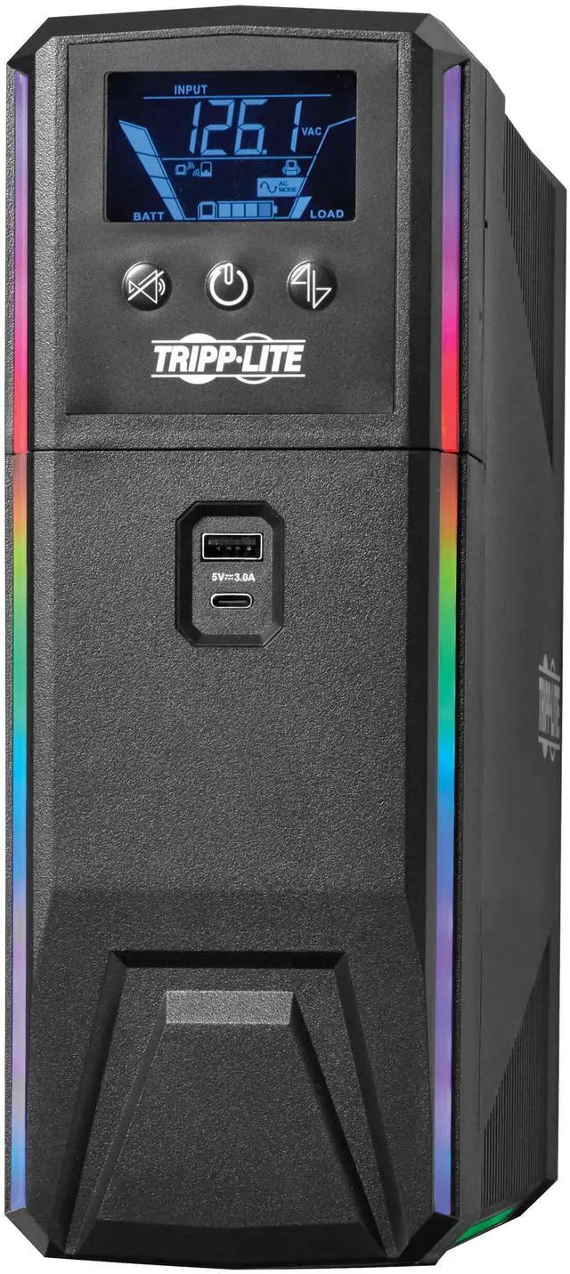Alt view image 4 of 7 - Tripp Lite UPS 1000VA 600W 120V Pure Sine Wave Gaming UPS Battery Backup - LCD, AVR, RGB LEDs, USB Charging, Power Saving - Tower - AVR - 7 Hour Recharge - 2 Minute Stand-by - 120 V AC Input - 120 V A