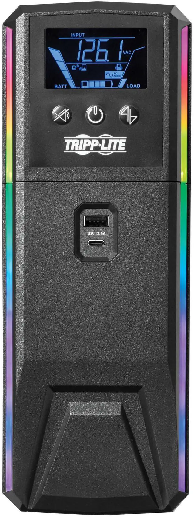 Alt view image 5 of 7 - Tripp Lite UPS 600VA 360W 120V Pure Sine Wave Gaming UPS Battery Backup - LCD, AVR, RGB LEDs, USB Charging, Power Saving - Tower - AVR - 7 Hour Recharge - 2.50 Minute Stand-by - 120 V AC Input - 120 V