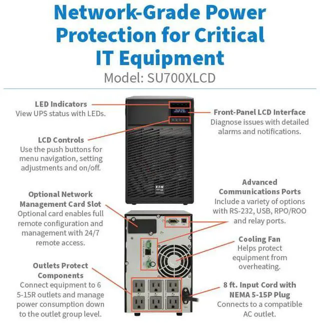 Alt view image 7 of 7 - Tripp Lite series SmartOnline 120V 700VA 630W Double-Conversion UPS, 6 Outlets, Network Card Option, LCD, USB, DB9, Tower (SU700XLCD)