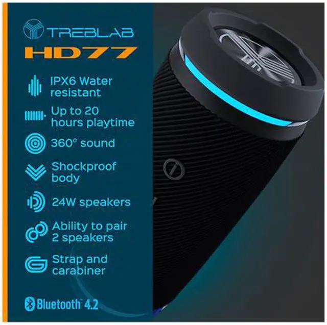 Alt view image 4 of 4 - TREBLAB HD77 Premium Bluetooth Speaker TWS - Loud HD Surround Sound, Wireless Dual Pairing, 25W Powerful Bass, 20H Battery, Best for Outdoor Sports - True Stereo IPX6 Waterproof Cordless