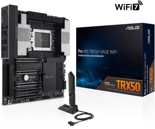 Alt view image 3 of 5 - Asus AMD TR5 CEB workstation motherboard - CPU and memory overclocking ready - robust 36 power-stage design - PCIe 5.0 x 16, PCIe 5.0 M.2, 10 Gb and 2.5 Gb LAN - PRO WS TRX50-SAGE WIFI-SI WIFI6E