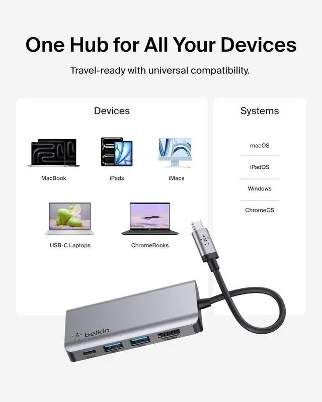 Alt view image 12 of 12 - Belkin USB-C Hub - 4-in-1 Multi-Port Adapter Laptop Docking Station with 4K HDMI, USB-C with 100 Watt Pass-Through Power Delivery, and 2 X USB-A Ports for all your devices