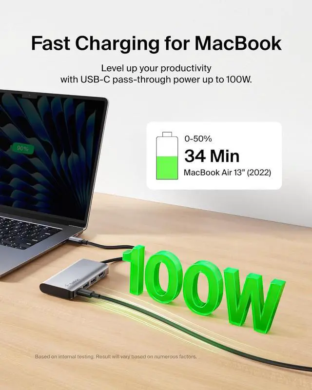 Alt view image 3 of 12 - Belkin USB-C Hub - 4-in-1 Multi-Port Adapter Laptop Docking Station with 4K HDMI, USB-C with 100 Watt Pass-Through Power Delivery, and 2 X USB-A Ports for all your devices
