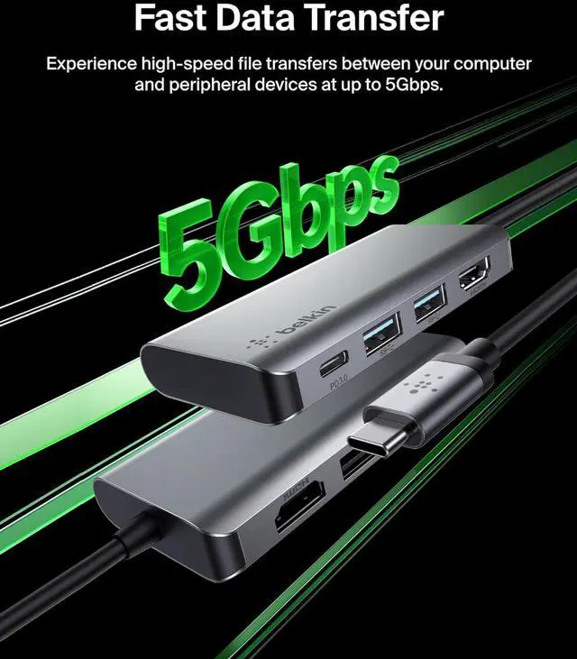 Alt view image 4 of 12 - Belkin USB-C Hub - 4-in-1 Multi-Port Adapter Laptop Docking Station with 4K HDMI, USB-C with 100 Watt Pass-Through Power Delivery, and 2 X USB-A Ports for all your devices