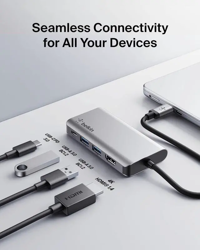 Alt view image 2 of 12 - Belkin USB-C Hub - 4-in-1 Multi-Port Adapter Laptop Docking Station with 4K HDMI, USB-C with 100 Watt Pass-Through Power Delivery, and 2 X USB-A Ports for all your devices