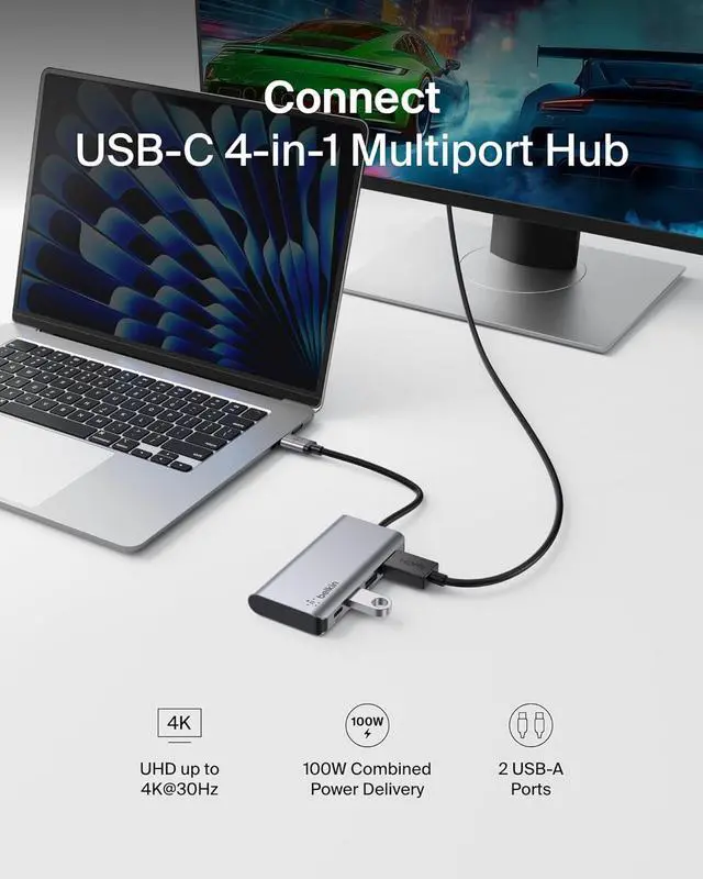 Alt view image 5 of 12 - Belkin USB-C Hub - 4-in-1 Multi-Port Adapter Laptop Docking Station with 4K HDMI, USB-C with 100 Watt Pass-Through Power Delivery, and 2 X USB-A Ports for all your devices