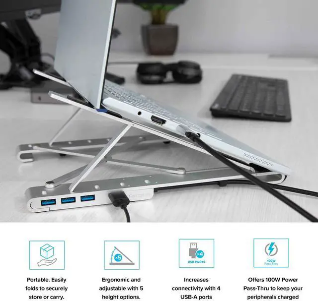 Alt view image 4 of 6 - Targus Portable Stand with Integrated USB-A Hub - Up to 15.6" Screen Support - Aluminum - Silver - AWU100205GL