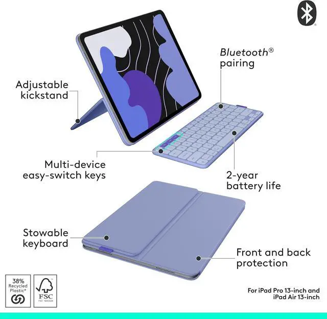 Alt view image 8 of 14 - Logitech Flip Folio Keyboard Case iPad Pro 13 inch M4 & M5 Air M2, Fits iPad Pro M4 & M5, iPad Air M2, M3 & M4, protective, stowable, multi-device connectivity, Lilac