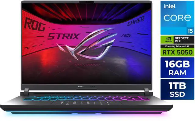 Main image of ASUS ROG Strix G16 (2025) Gaming Laptop, 16" FHD+ 16:10 165Hz/3ms, NVIDIA GeForce RTX 5050, Intel Core i5-13450HX, 16GB DDR5-5600, 1TB PCIe Gen 4 SSD, Wi-Fi 7, Windows 11 Home, G615JH-DS54