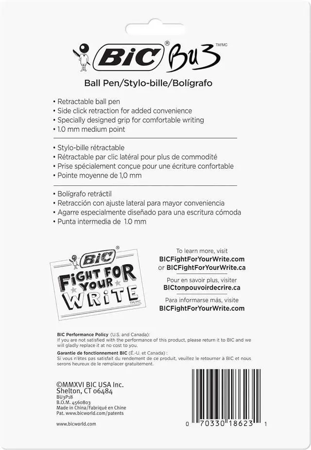 Alt view image 2 of 2 - BIC BU3 Grip Retractable Ballpoint Pens, Medium Point, 1.0 mm, Clear Barrel, Black Ink, Pack Of 18 Pens