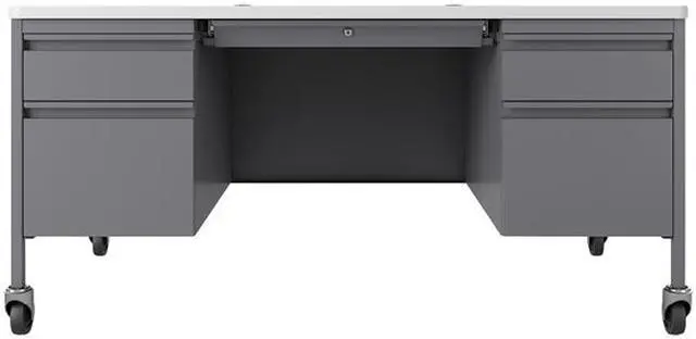 Alt view image 2 of 2 - Lorell Desk, Double-Pedestal, Mobile, 60"x30"x29-1/2", WE/Platinum (LLR66946)