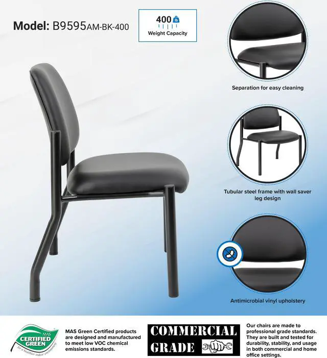 Alt view image 7 of 7 - BOSS Mid Back Armless Guest Chair (B9595AM-BK-400)