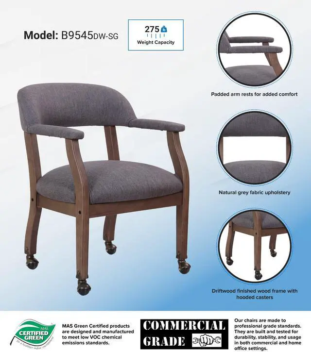 Alt view image 4 of 4 - BOSS Modern Captain’s Guest Chair in Slate Grade Commercial Grade Linen W/ Caste (B9545DW-SG)