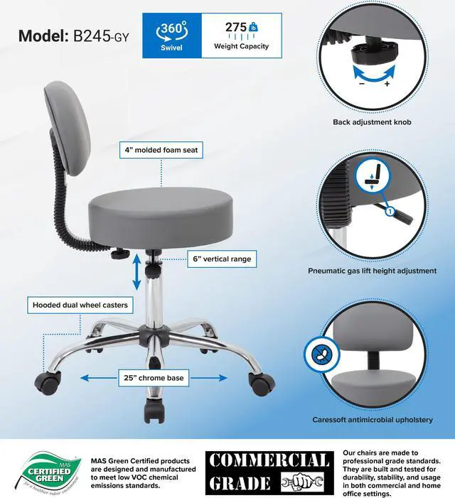 Alt view image 3 of 3 - BOSS Grey Be Well Medical Spa Professional Adjustable Stool with Back Cushion (B245-GY)