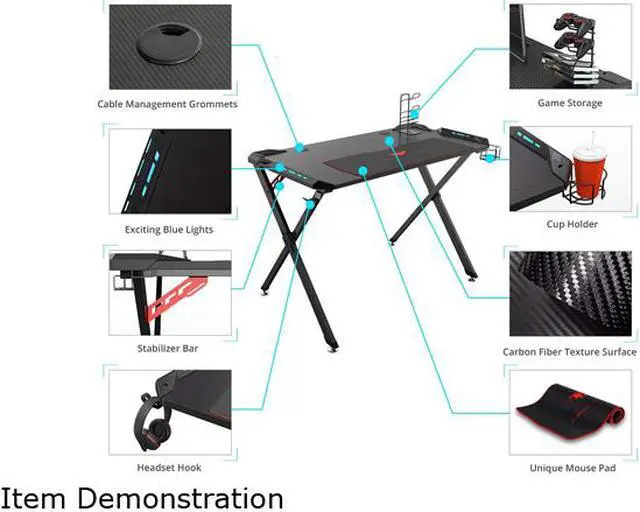 Alt view image 4 of 7 - Eureka Ergonomic X1-S Gaming Computer Desk with Led Lights, Large Carbon Fiber Surface Cup Holder and Headphone Hook - Black