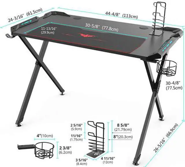Alt view image 2 of 7 - Eureka Ergonomic X1-S Gaming Computer Desk with Led Lights, Large Carbon Fiber Surface Cup Holder and Headphone Hook - Black