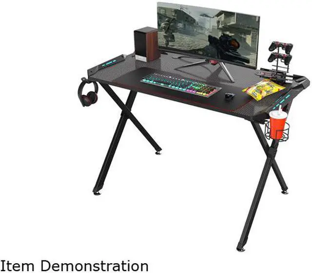 Alt view image 5 of 7 - Eureka Ergonomic X1-S Gaming Computer Desk with Led Lights, Large Carbon Fiber Surface Cup Holder and Headphone Hook - Black