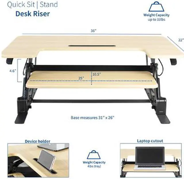Alt view image 2 of 6 - VIVO Light Wood Height Adjustable Standing Desk Monitor Riser Tabletop Sit Stand