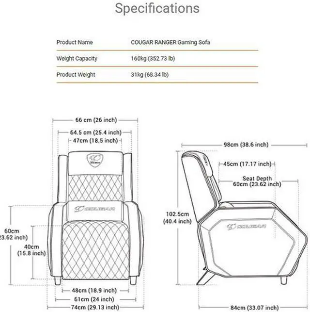 Alt view image 6 of 6 - Cougar Ranger Gaming Sofa Recliner Chair with Premium Breathable PVC Leather