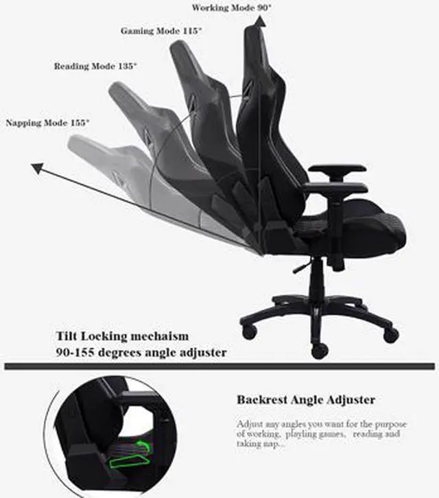Alt view image 4 of 6 - KARNOX Legend TR Racing Style Gaming Office Chair with Adjustable Height and Arm Rests, Ergonomic 155° Reclining, Locking High Back with Integrated Headrest (Black)