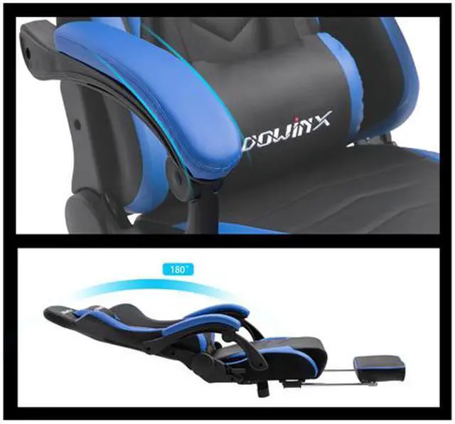 Alt view image 4 of 6 - Dowinx Gaming Chair | Ergonomic Racing Style Recliner with Massage Lumbar Support | Office Armchair for Computer | PU Leather | E-Sports Gamer Chairs | Retractable Footrest | Black & Blue