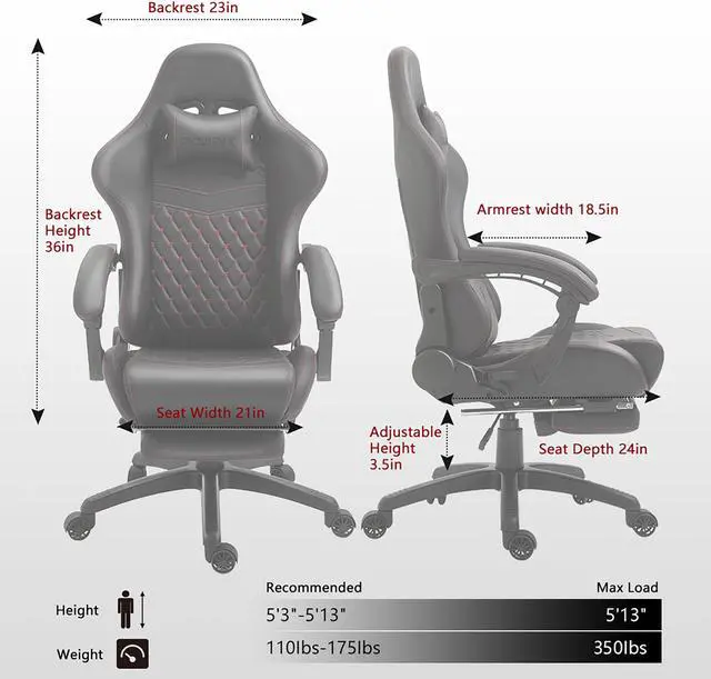 Alt view image 7 of 7 - Dowinx Gaming Chair Office Chair PC Chair with Massage Lumbar Support, Racing Style PU Leather High Back Adjustable Swivel Task Chair with Footrest (Black&Red)