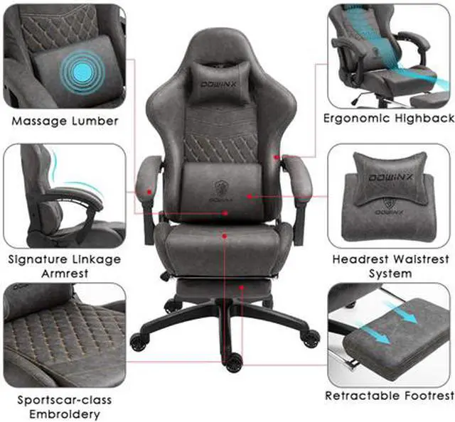 Alt view image 3 of 7 - Dowinx Gaming Chair Office Chair PC Chair with Massage Lumbar Support, Vantage Style PU Leather High Back Adjustable Swivel Task Chair with Footrest (Light Grey)