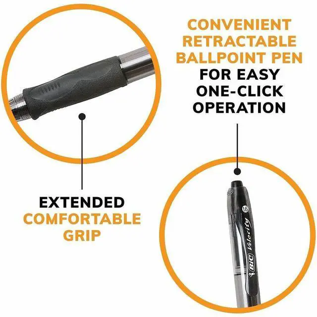 Alt view image 3 of 4 - Bic Velocity Glide Bold Ball Pen - 1.6 mm Bold Conical Pen Point - Refillable - Retractable - Black Ink - Black Barrel - 1 Dozen - VLGB11BK