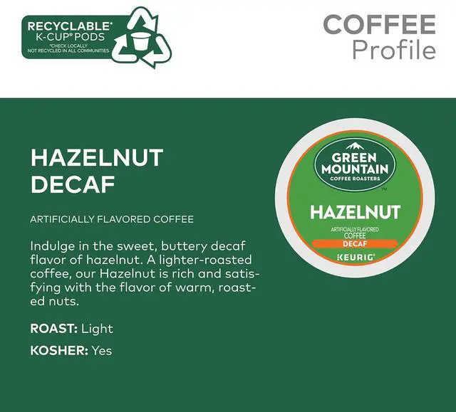 Alt view image 4 of 9 - Green Mountain Coffee Roasters Hazelnut Decaffeinated Coffee, Keurig Single-Serve K-Cup Pods, Light Roast Coffee, 24 Count/Box (7792)