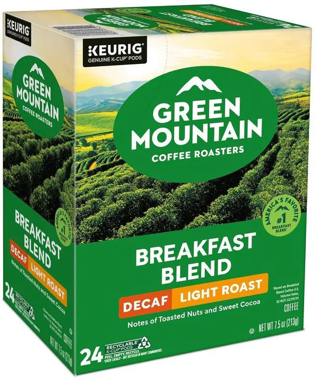 Alt view image 4 of 18 - Green Mountain Coffee Roasters Decaffeinated Breakfast Blend Coffee, Keurig Single-Serve K-Cup Pods, Light Roast Coffee, 24 Count/Box (7522)