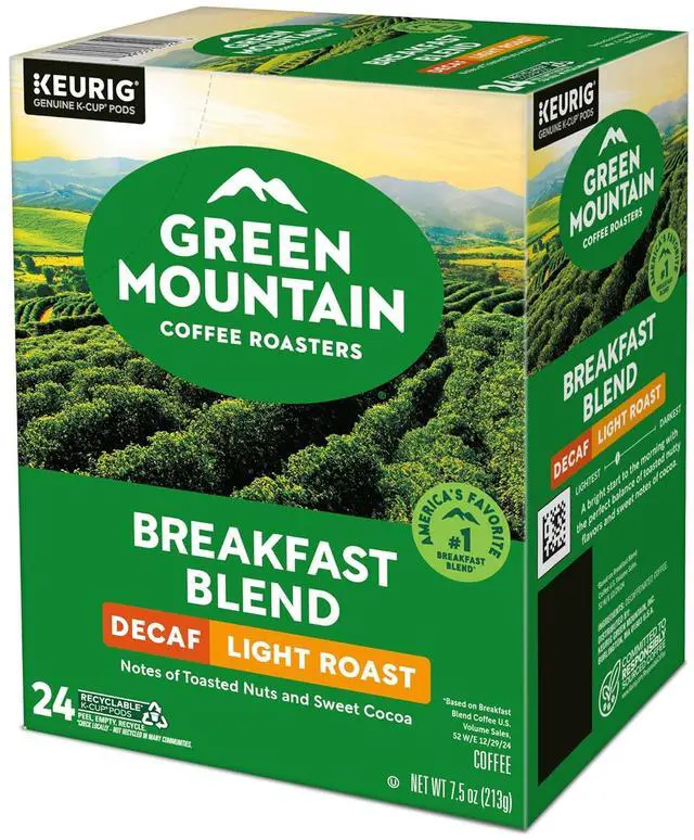 Main image of Green Mountain Coffee Roasters Decaffeinated Breakfast Blend Coffee, Keurig Single-Serve K-Cup Pods, Light Roast Coffee, 24 Count/Box (7522)