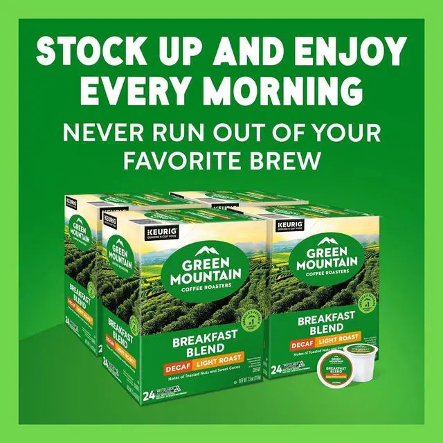 Alt view image 13 of 19 - Green Mountain Coffee Roasters Breakfast Blend Decaf Coffee, Keurig Single Serve K-Cup pods, Light Roast Coffee, 96 Count/Carton