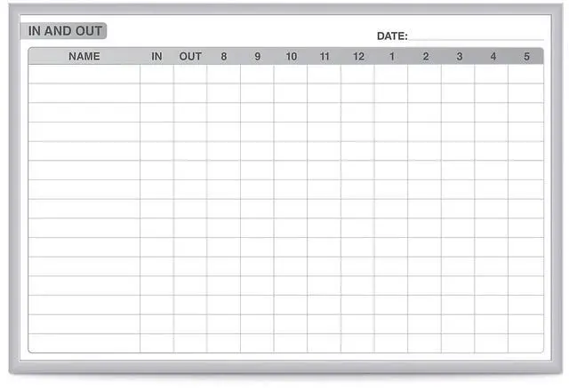 Main image of Ghent GRPM301E-23 In/Out Magnetic Whiteboard - Personnel In/Out Tracking Chart - 36" x 24" - White/Gray Surface, Satin Aluminum Frame