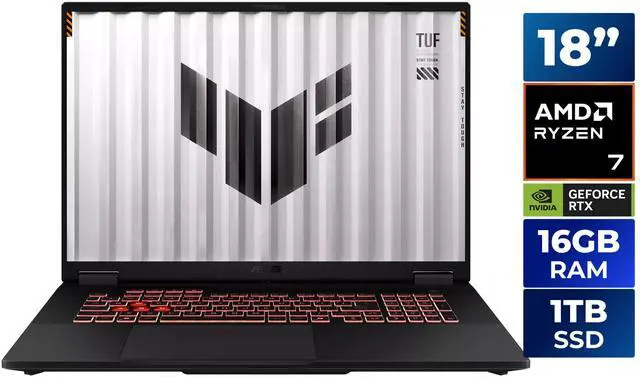 Main image of ASUS TUF 18" FHD+ AMD Ryzen 7 260 3.8 GHz up to 5.1 GHz 16GB DDR5 1TB SSD NVIDIA GeForce RTX 5060 Windows 11 Home Gaming Laptop, Black - FA808UM-IS74