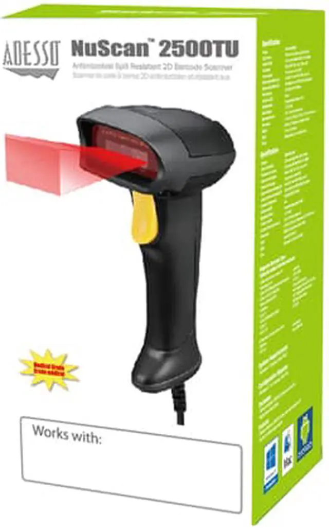 Alt view image 6 of 6 - Adesso NuScan 2500TU Heavy Duty Long Range Handheld 1D/2D Barcode Scanner, USB, Spill Resistant, Antimicrobial, Drop Protection - NUSCAN2500TU
