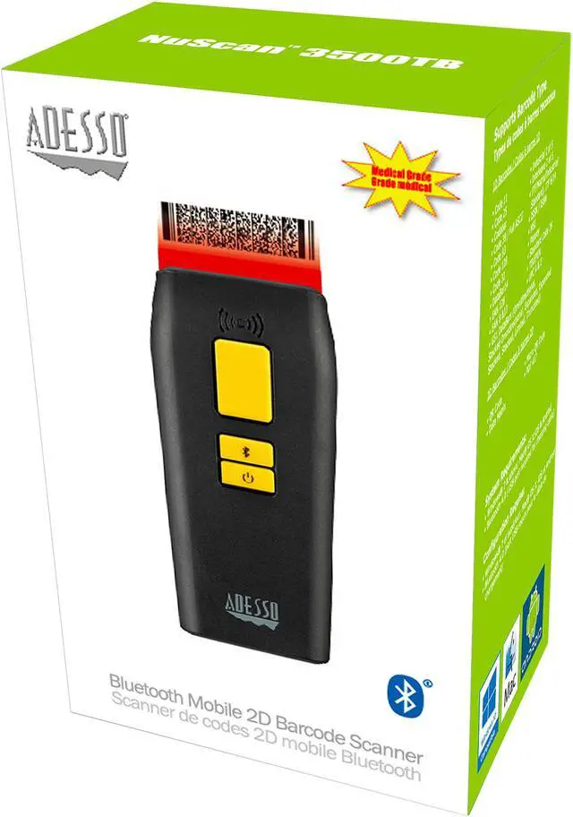 Alt view image 7 of 7 - Adesso NuScan 3500TB Portable Pocket Size Bluetooth Long Range 1D/2D Barcode Scanner w/ Detachable Magnetic Cable, IP66 Waterproof, Antimicrobial, Drop Protection - NUSCAN3500TB