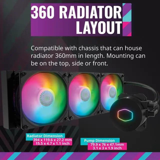 Alt view image 7 of 14 - Cooler Master MasterLiquid ML360L ARGB V2 Close-Loop AIO CPU Liquid Cooler, Dual Chamber Pump, 360mm Radiator, SickleFlow 120 PWM ARGB, AMD Ryzen AM5/AM4, Intel LGA1700/1200 (MLW-D36M-A18PA-R2)