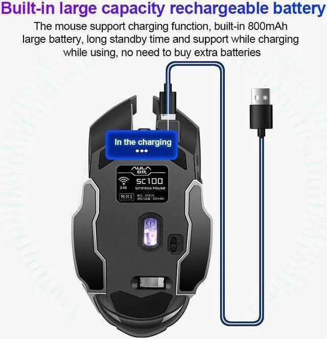 Alt view image 3 of 7 - Wireless Mouse Rechargeable, with Side Button RGB LED Backlit Ergonomic Optical 2.4G Cordless Computer Gaming Mice for PC Laptop