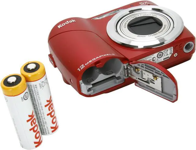Alt view image 8 of 9 - Kodak EasyShare C190 Red 12.3 MP 5X Optical Zoom Digital Camera w/ 2 AA Rechargeable Batteries, Charger, Camera Bag and Strap Kit