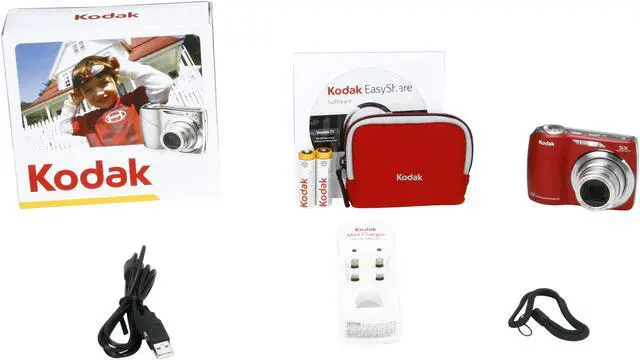 Alt view image 9 of 9 - Kodak EasyShare C190 Red 12.3 MP 5X Optical Zoom Digital Camera w/ 2 AA Rechargeable Batteries, Charger, Camera Bag and Strap Kit
